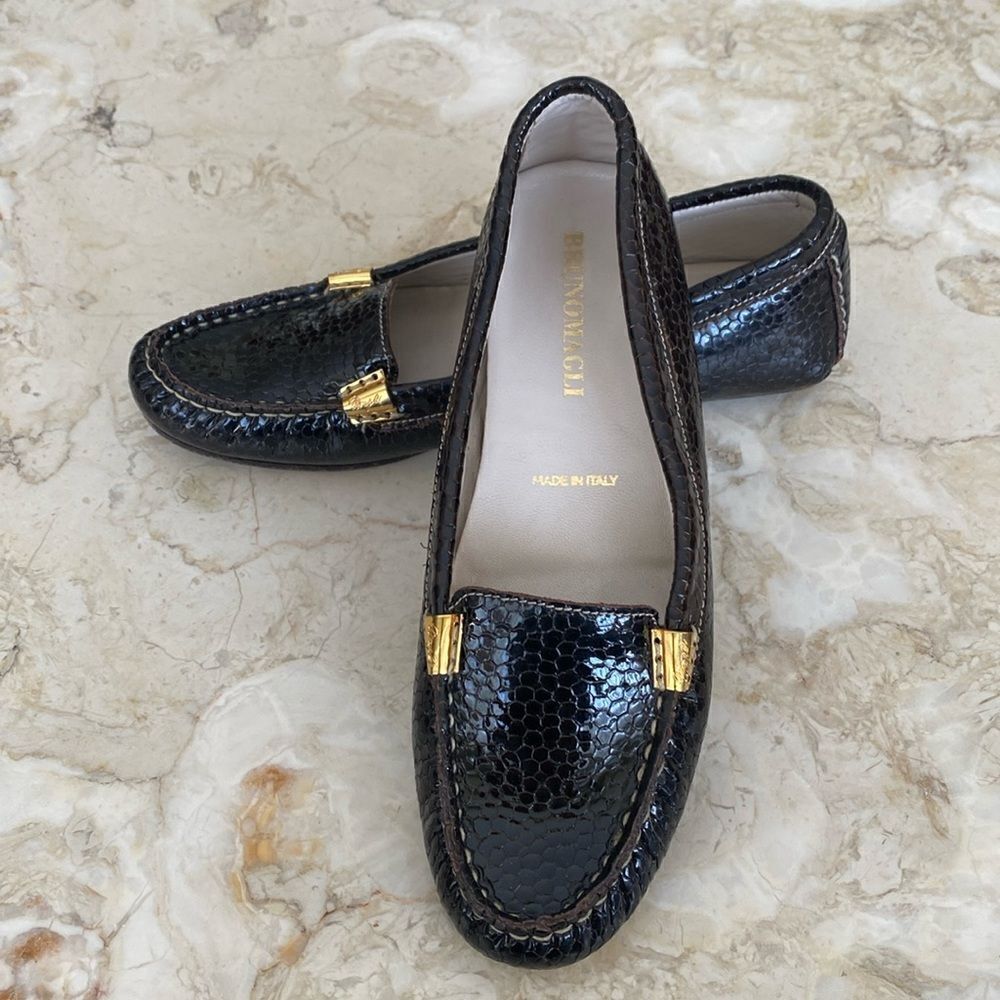 Bruno Magli Snake Embossed Leather Driving Flats Loafers